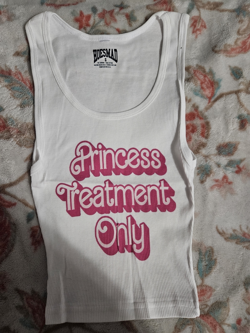White Ribbed Tank Top with Pink "Princess Treatment Only" Graphic